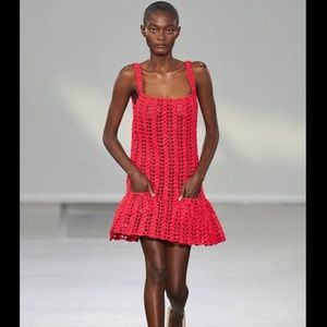 Vintage crochet fuscia knit dress with scalloped hem and drop waist size S